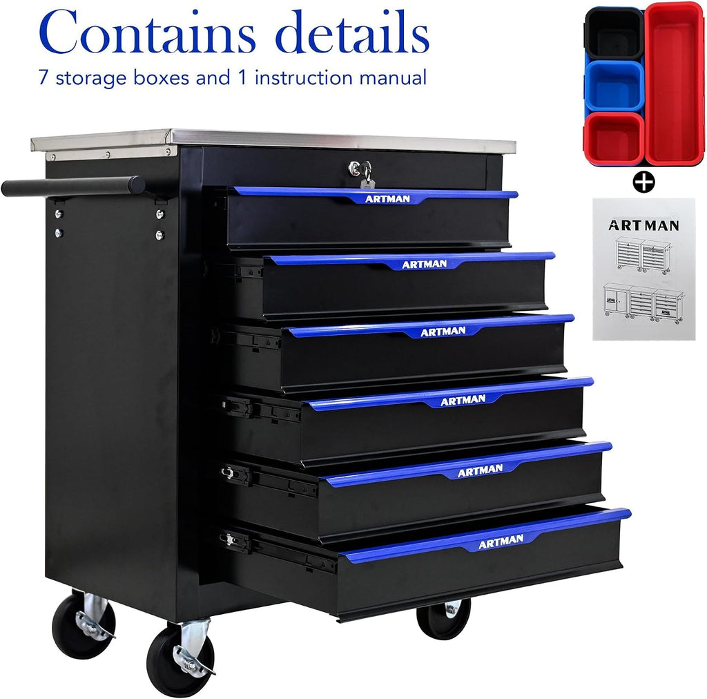 6-Drawer Heavy-Duty Rolling Steel Tool Cart with Handle&Wheels, Metal Storage Organizer Cabinet, Tool Chest for Efficient Tool Storage in Garage, Warehouse, Workshop, Repair Shop, Blue