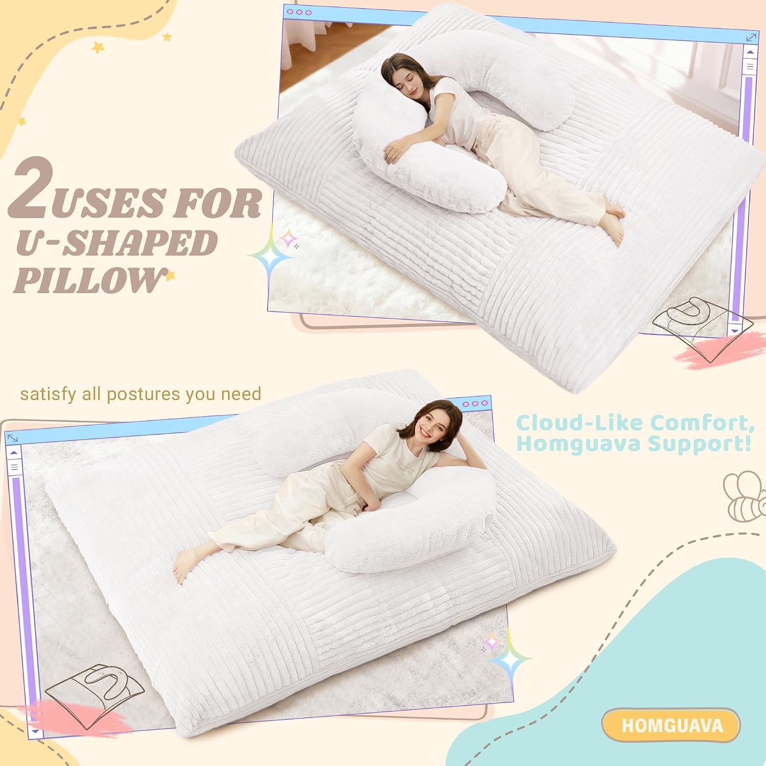 Homguava Giant Bean Bag Chair for Adults with Pillow, 4 in 1 Convertible Floor Cushion for Adluts, Memory Foamed Bean Bag Lounger with Washable Cover for Living Room, Bedroom