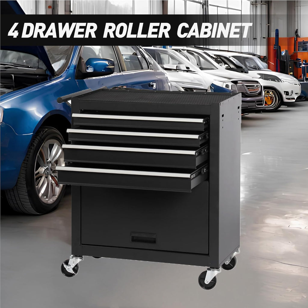4 Drawers Tool Cart on Wheels, Multifunctional Rolling Tool Chest with 1 Cabinet, Drawers Rolling Tool Storage Case for Garage, Warehouse, Workshop, Repair Shop (4 Drawers-29.9' H-Black)