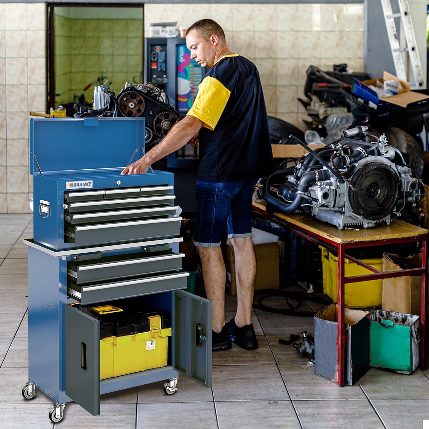 LARBANKE 8-Drawer Rolling Tool Chest,Tool Chest with 360° Brake Wheels and Padded Feet,Tool Cabinet with Locking System and Drawer Liners,Ideal Design for Garage and Workshop