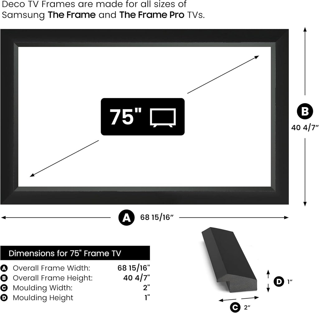 Modern Tuxedo Black 75' Slim Deco TV Frame - Compatible ONLY with Samsung The Frame TV and Pro TVs (Fits 2021-2026, LS03A, LS03B,LS03C,LS03D,LS03FA,LS03FW)
