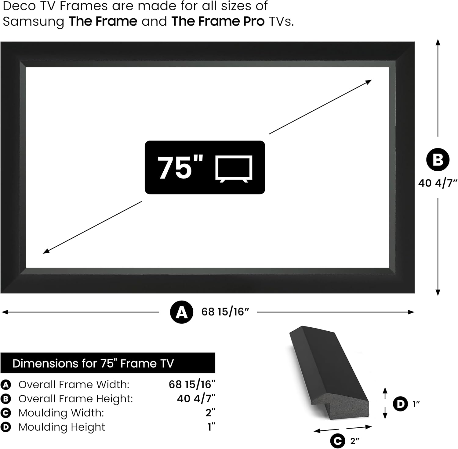 Modern Tuxedo Black 75' Slim Deco TV Frame - Compatible ONLY with Samsung The Frame TV and Pro TVs (Fits 2021-2026, LS03A, LS03B,LS03C,LS03D,LS03FA,LS03FW)