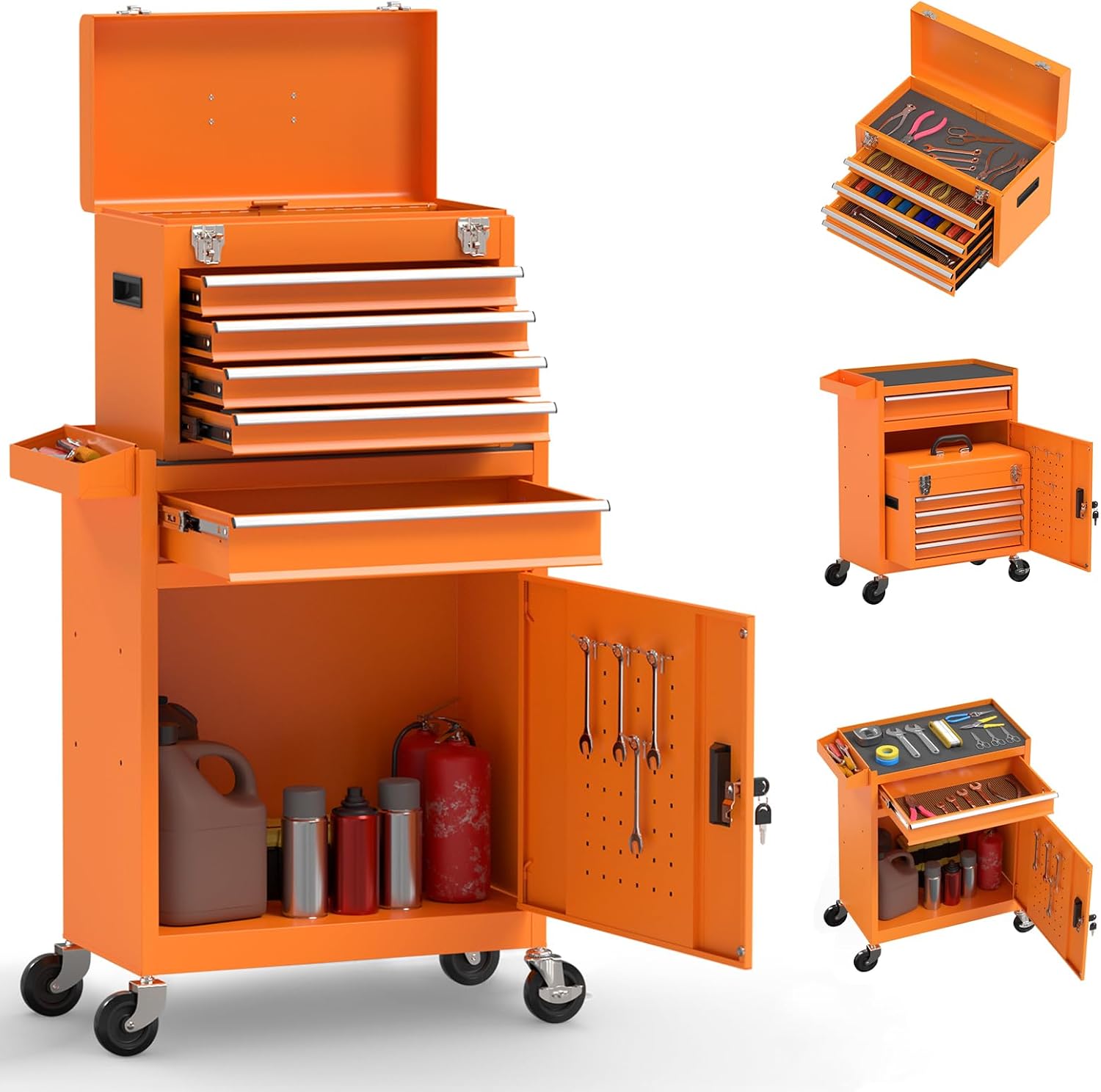 5-Drawer High Capacity Rolling Tool Chest, Removable Toolbox on Wheels Organizers, Lockable Tool Box Tool Storage Cabine with Drawers and Wheels for Workshop and Warehouse（5-Drawer, Orange）