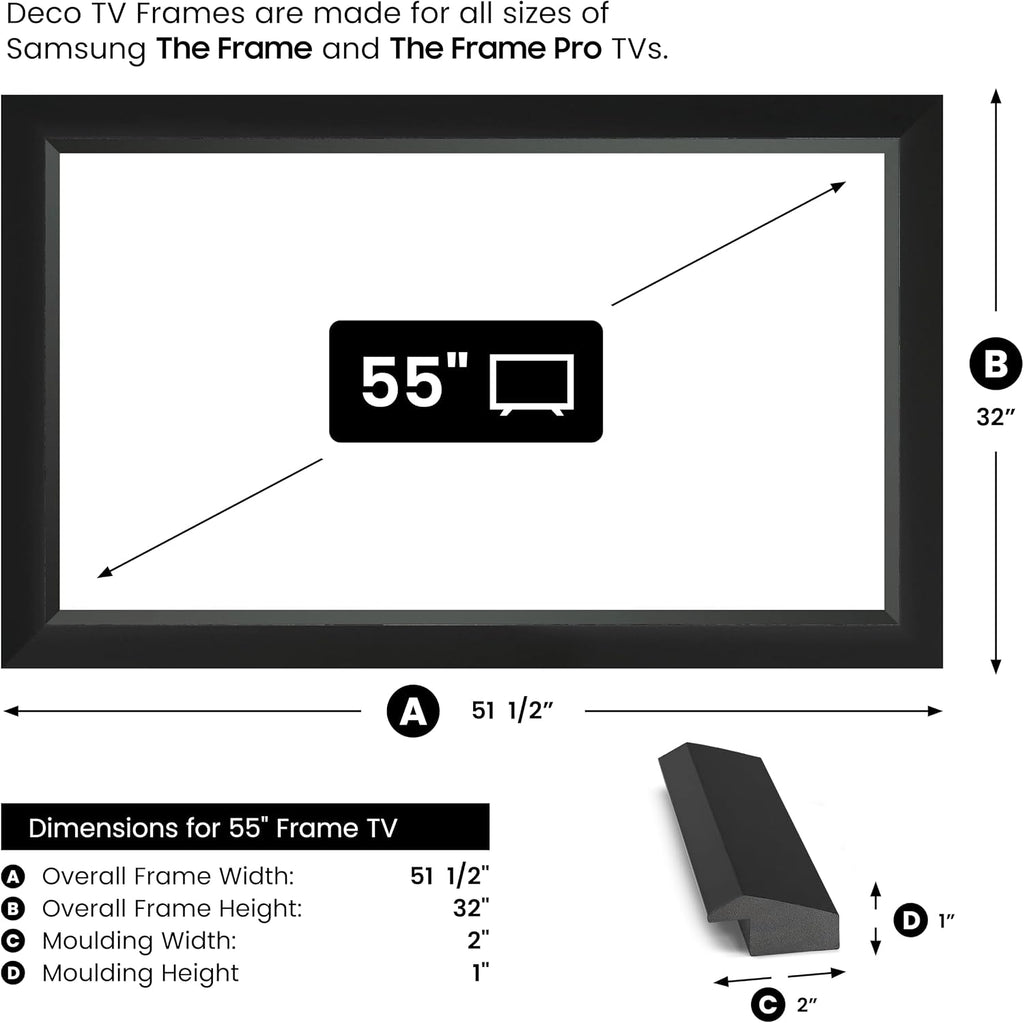 Modern Tuxedo Black 55' Slim Deco TV Frame - Compatible ONLY with Samsung The Frame TVs (Fits 2021-2026, LS03A, LS03B, LS03C, LS03D, LS03FA)