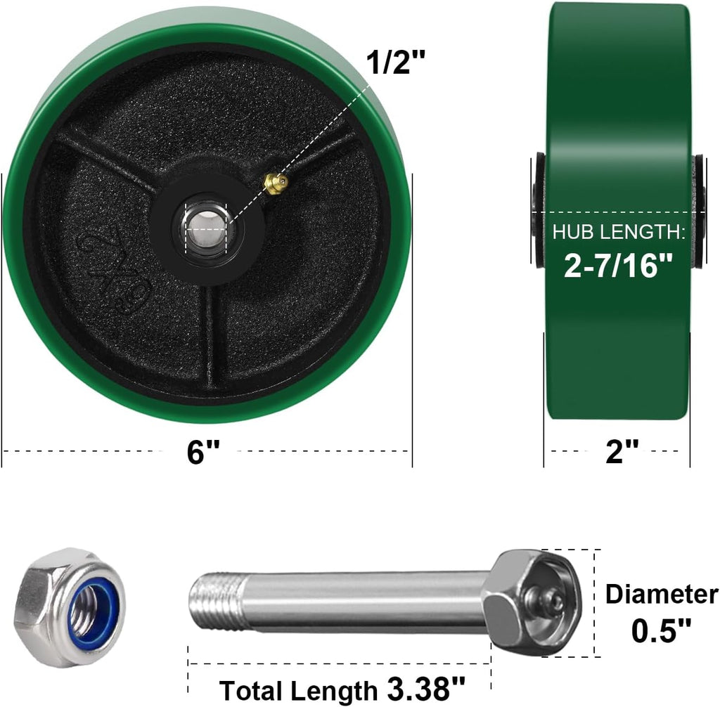 6' x 2' Heavy Duty Caster Wheels, Polyurethane on Cast Iron Wheel, Each Replacement Industrial Caster Wheels Load 1200lbs Capacity (10 Wheel, Green)
