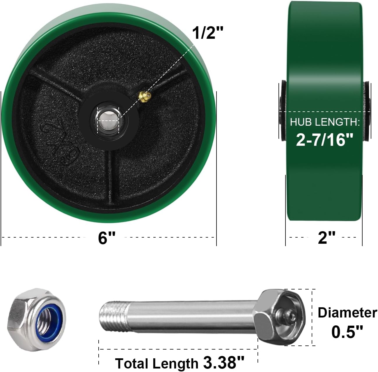 6' x 2' Heavy Duty Caster Wheels, Polyurethane on Cast Iron Wheel, Each Replacement Industrial Caster Wheels Load 1200lbs Capacity (10 Wheel, Green)