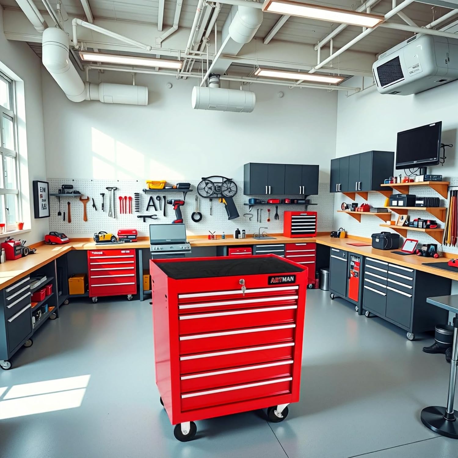 Mini Tool Box,Tool Box with Wheels, Lockable Rolling Tool Chest, Caja de herramientas para mecánico, Tool Box with Wheels,Work Table for Garage & Repair Shop,Warehouse, Workshop(RED)