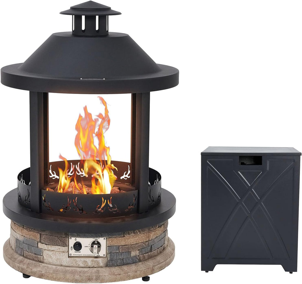 28-Inch Outdoor Gas Fire Pit with Tank Cover, 65,000 BTU Lantern Top Patio Propane Fire Pit, Gazabo Gas Fireplace with Faux Stone Base, Lava Rocks, Cover & Pre-Attached 10ft Propane Hose