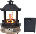28-Inch Outdoor Gas Fire Pit with Tank Cover, 65,000 BTU Lantern Top Patio Propane Fire Pit, Gazabo Gas Fireplace with Faux Stone Base, Lava Rocks, Cover & Pre-Attached 10ft Propane Hose