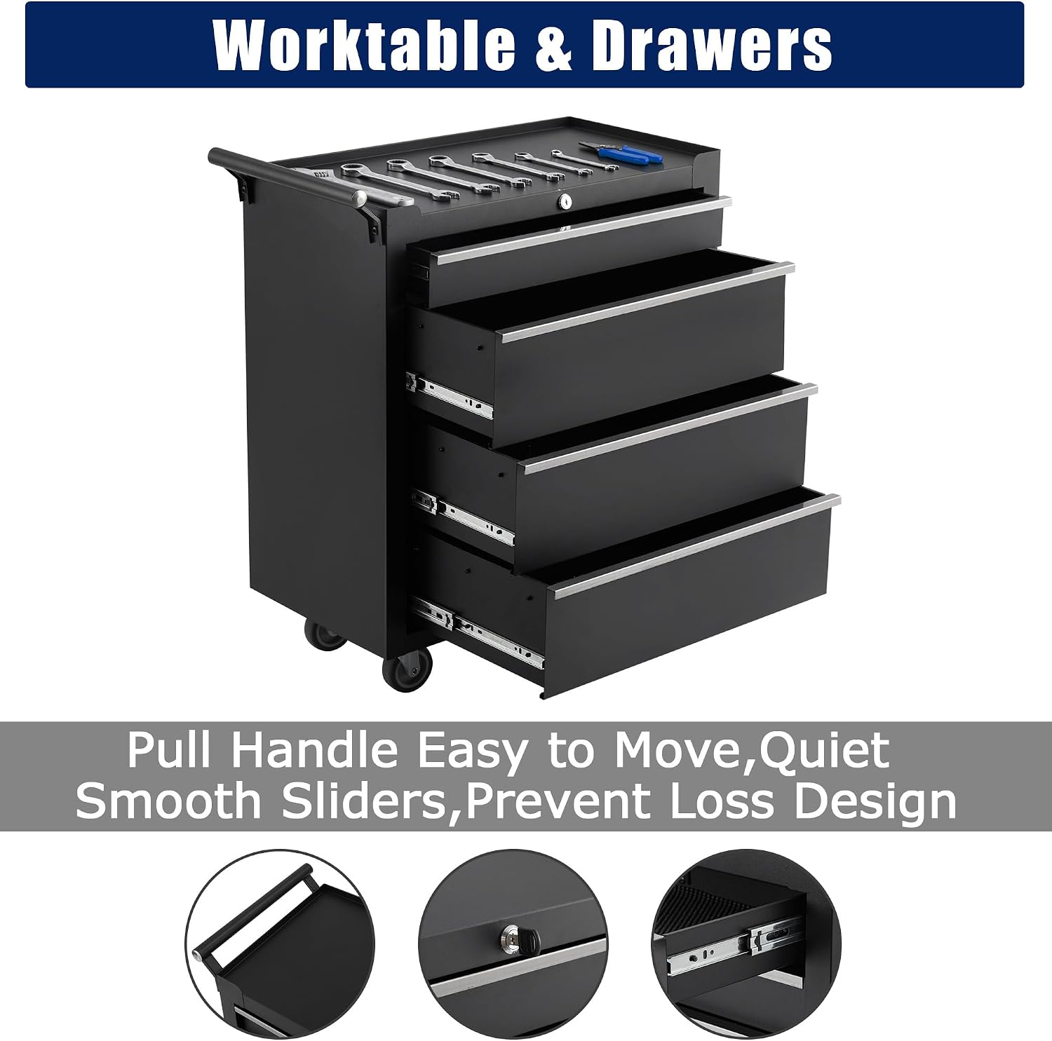 Rolling Tool Chest, 4 Drawers Tool Storage Cabinet with Wheels, Portable Tool Cabinet Organizer with Locking System & Drawer Liners,Universal Lockable Wheels, Tool Storage Cart for Garage, Workshop