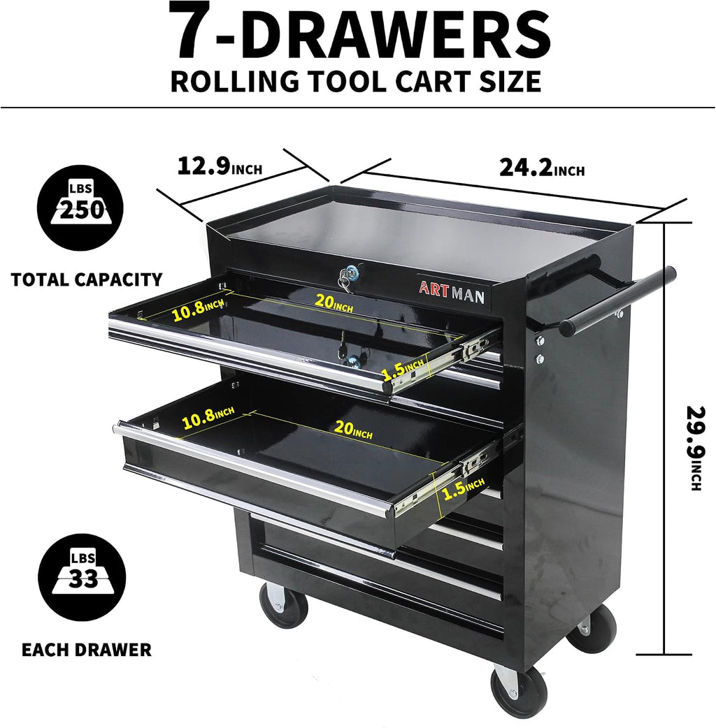 Tool Cart on Wheels 24.2in，7 Drawers Rolling Tool Box，Locked Drawers Storage Organizer Cabinet for Garage, Warehouse, Repair Shop, Workshop