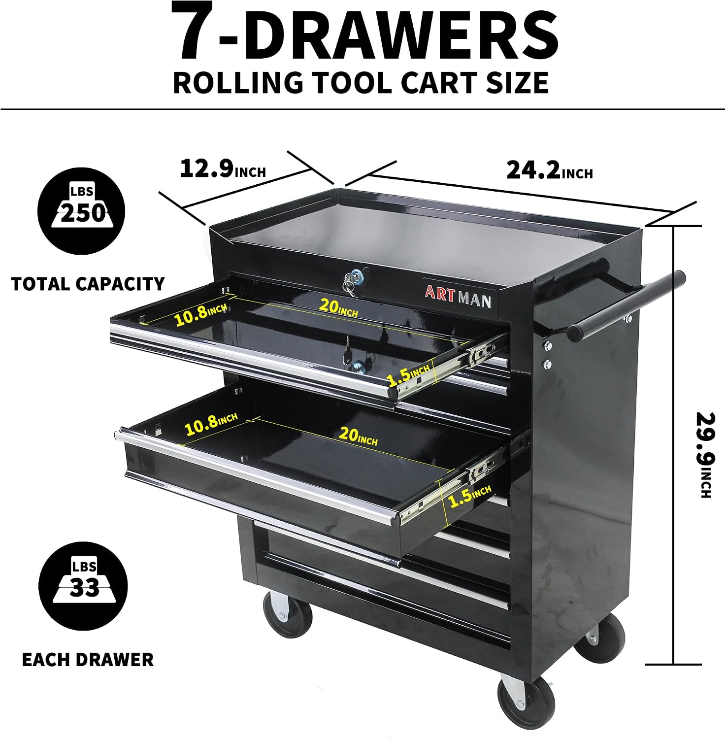 Tool Cart on Wheels 24.2in，7 Drawers Rolling Tool Box，Locked Drawers Storage Organizer Cabinet for Garage, Warehouse, Repair Shop, Workshop