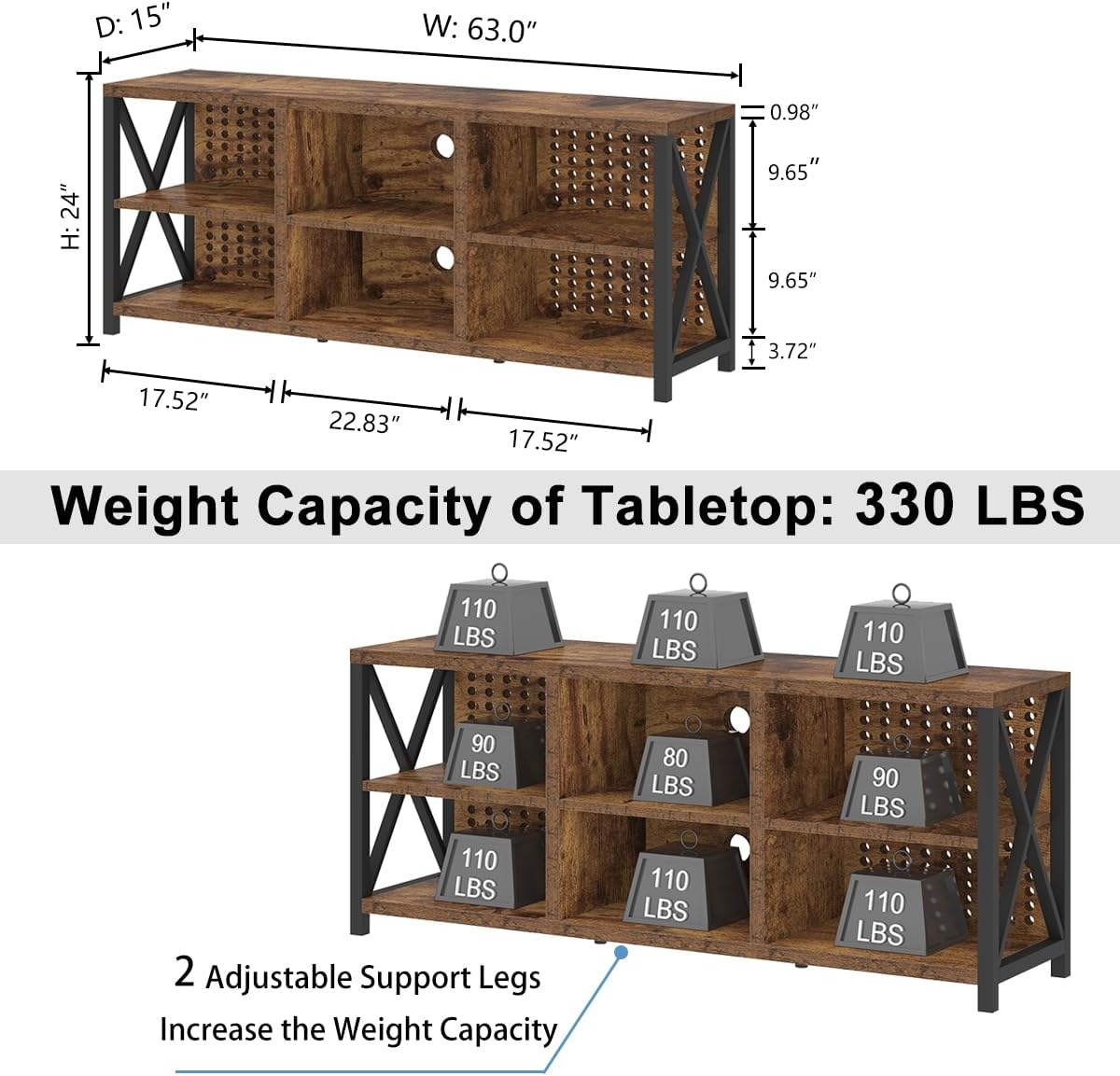 LVB TV Stand for 75 Inch TV, Industrial Wood and Metal Entertainment Center with Storage Shelf, Modern Television Media Console Table with Cabinet for Living Room Bedroom, Rustic Brown, 63in