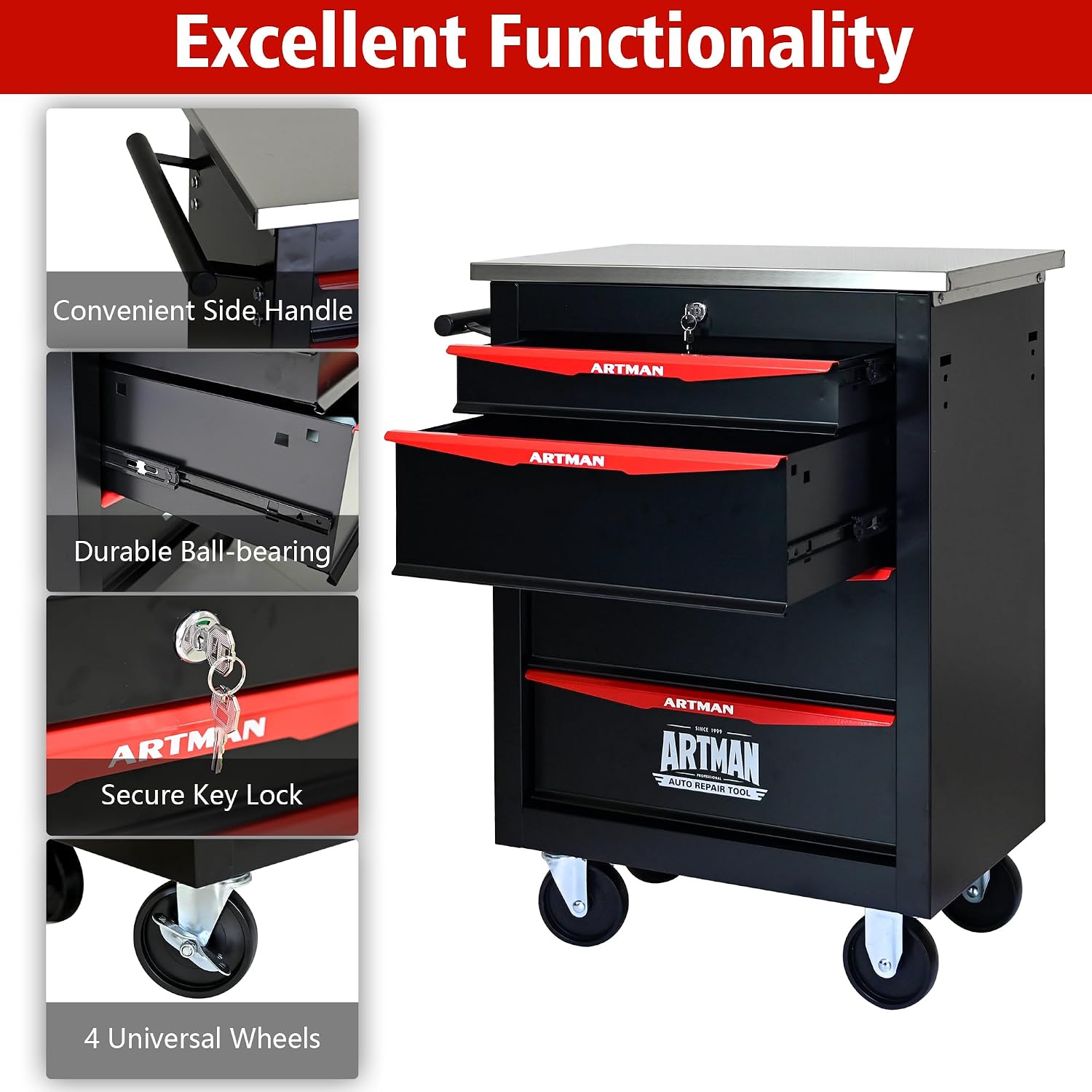 4 Drawers Tool Cart on Wheels, Stainless Steel Countertop Multifunctional Rolling Tool Storage Chest, Drawer Rolling Trolley Organizer Tool Box for Garage,Workshop(4 Drawers-Black)