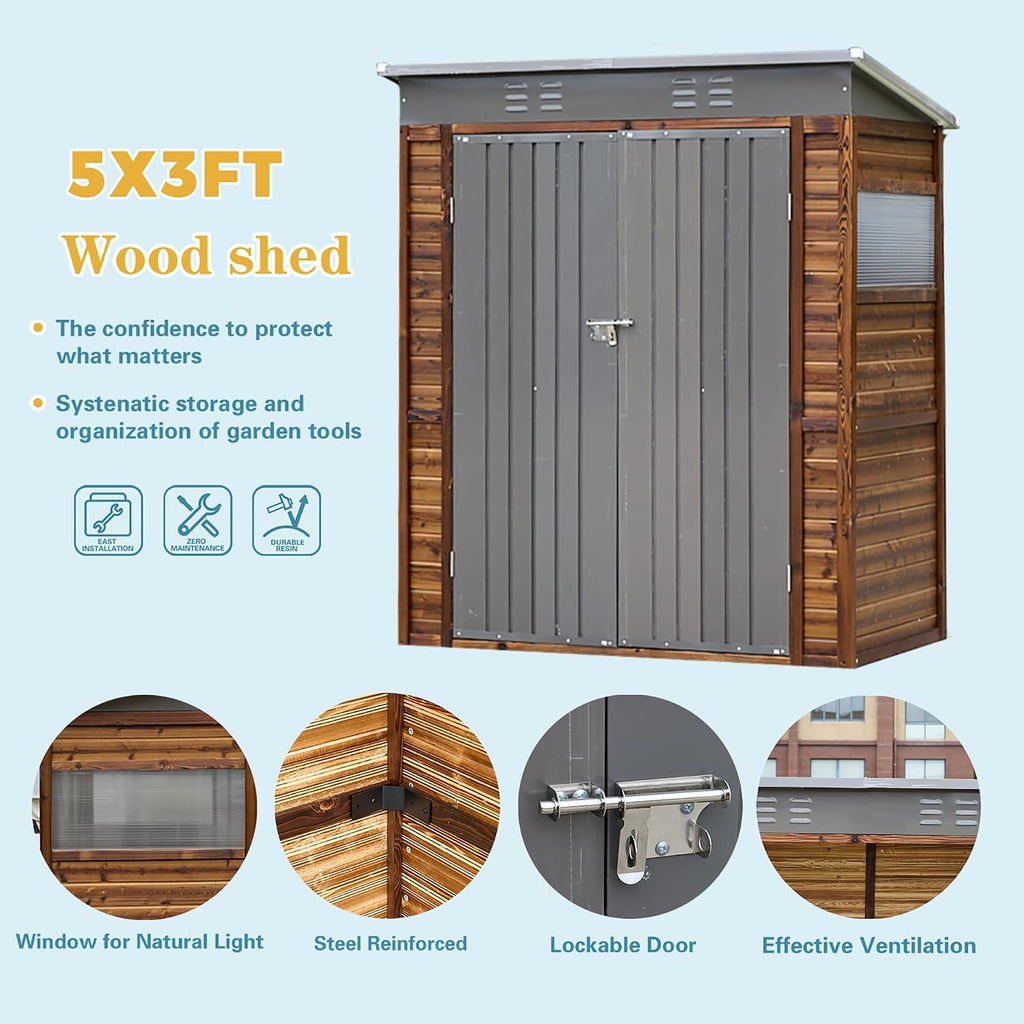 3x5 FT Outdoor Tool Shed, Wood-Iron Combination Storage Shed with Ventilation, Weather-Resistant Roof, Lockable Doors & Wood Grain Finish for Backyard and Garden