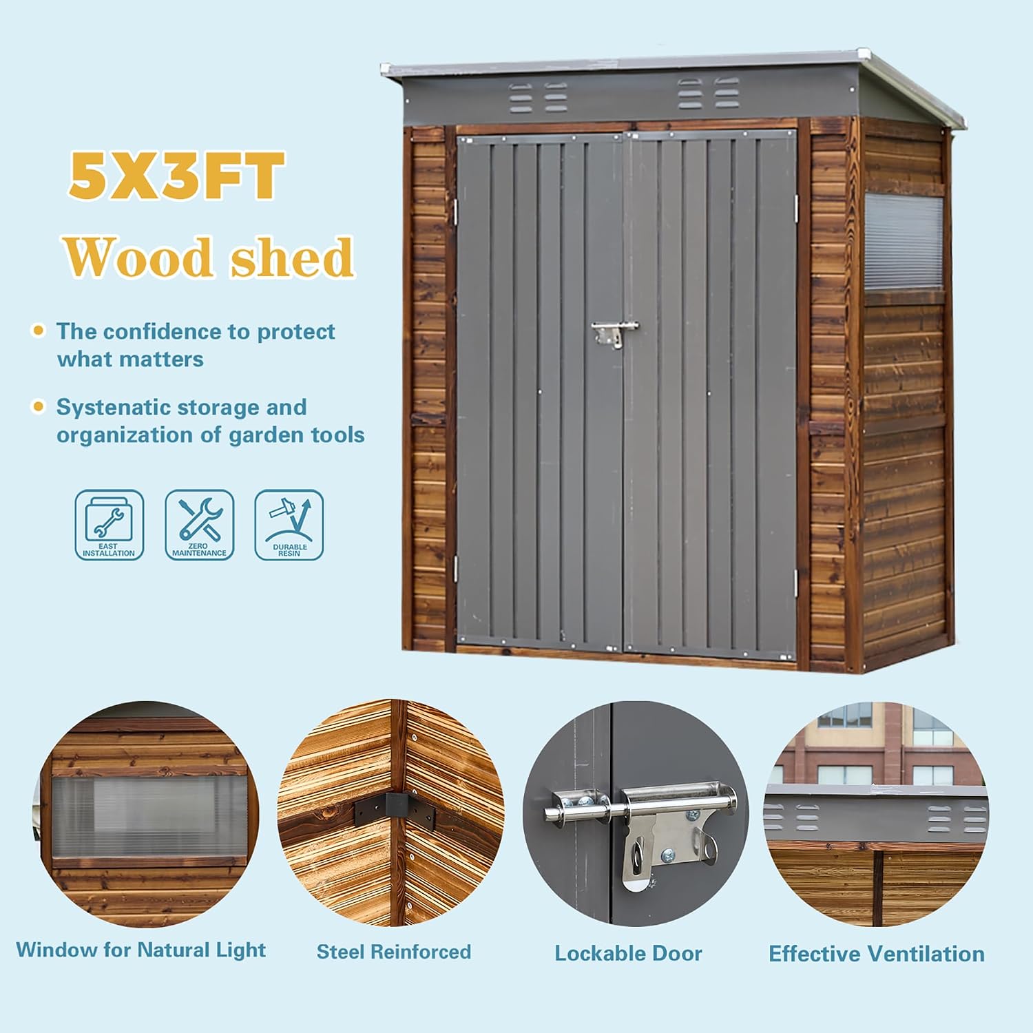 3x5 FT Outdoor Tool Shed, Wood-Iron Combination Storage Shed with Ventilation, Weather-Resistant Roof, Lockable Doors & Wood Grain Finish for Backyard and Garden