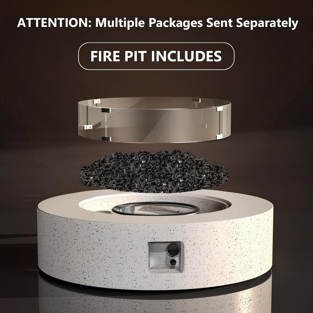 COSIEST Outdoor Propane Fire Pit Coffee Table w Terrazzo White 40.5-inch Round Base Patio Heater, Certified, 50,000 BTU Stainless Steel Burner, Wind Guard, Black Fire Glass, Rain Cover