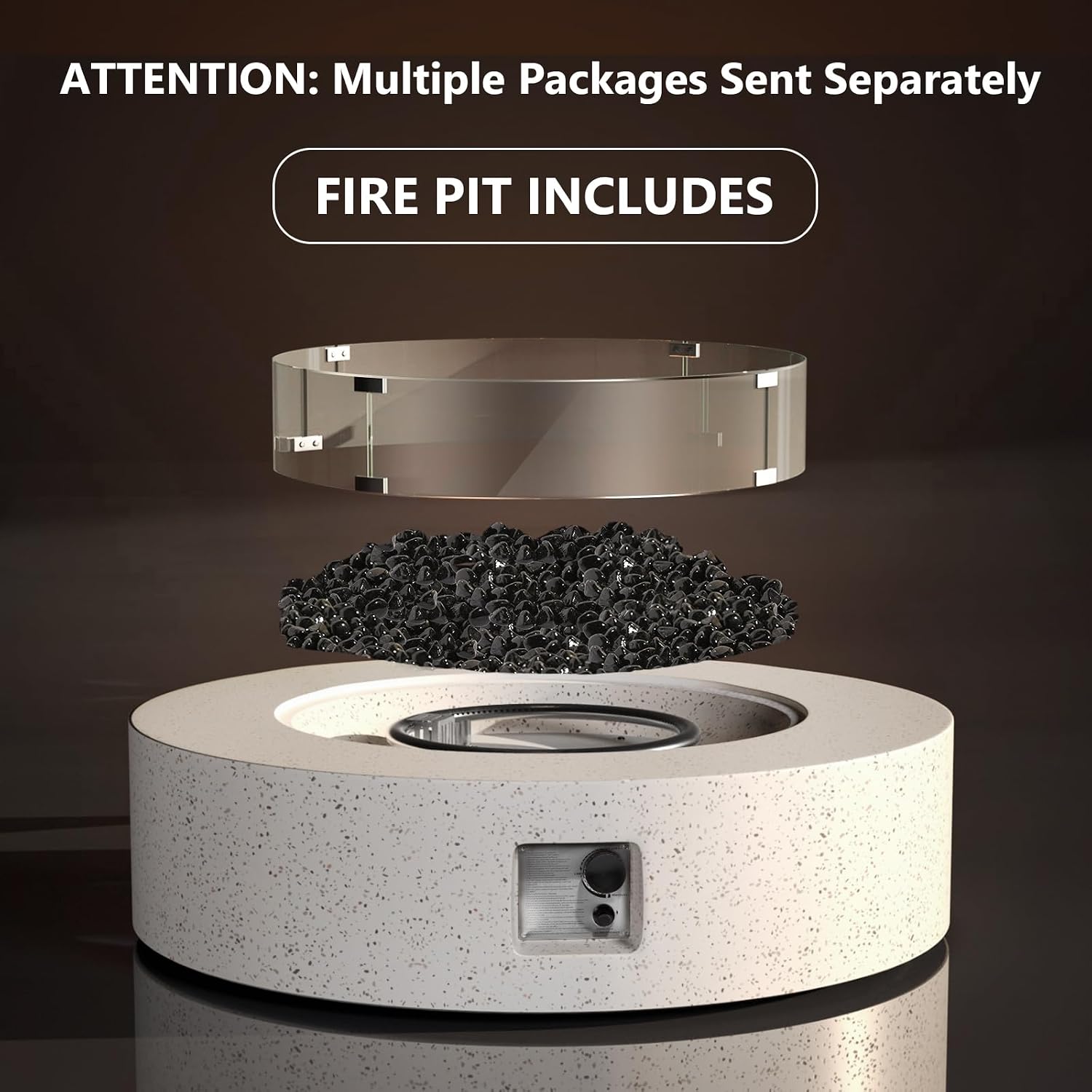 COSIEST Outdoor Propane Fire Pit Coffee Table w Terrazzo White 40.5-inch Round Base Patio Heater, Certified, 50,000 BTU Stainless Steel Burner, Wind Guard, Black Fire Glass, Rain Cover