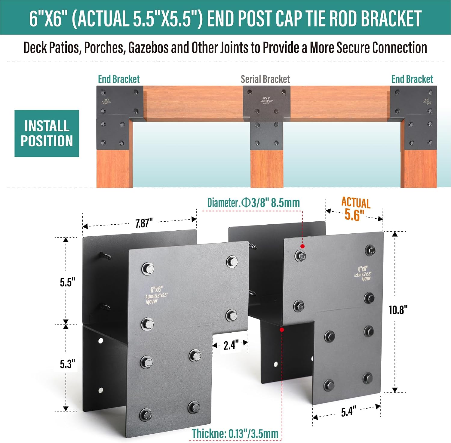 2 Pack 6x6 Post Anchor Connector, Heavy Stainless Steel End Post Cap Tie Brackets for Decks, Porches, Gazebos, etc Wood Post and Beam Anchor Connector (Black)