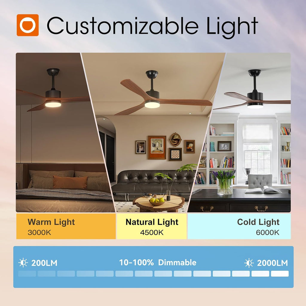 addlon 60 inch Ceiling Fans with Lights and Remote Control, Reversible, 3 Wood Blades, 6 Speeds, 3CCT Dimmable, Noiseless, Indoor/Outdoor Black Walnut Ceiling Fan for Bedroom Living Room Gazebo Patio