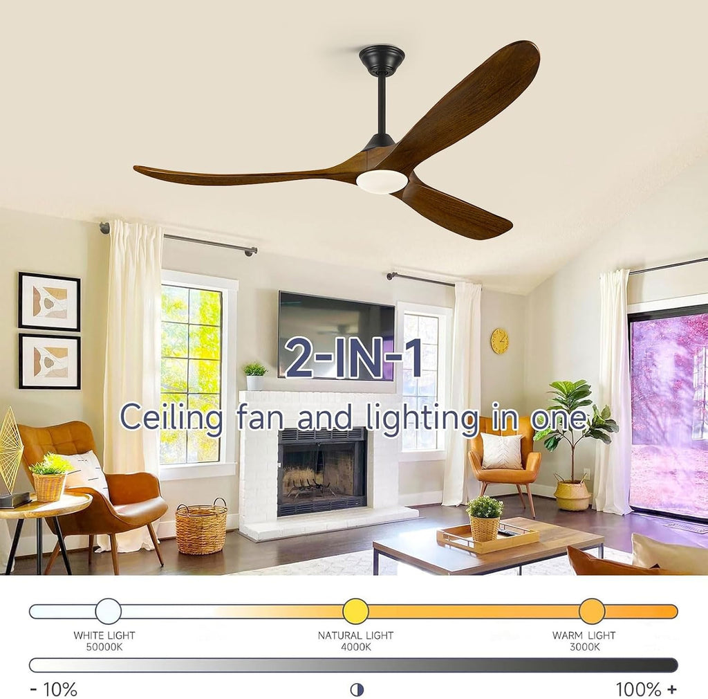 60 Inch Ceiling Fan with Light and Remote, Indoor Outdoor for Patio Gazebo Living Room - Rustic Farmhouse Style, Quiet 6-Speed Reversible DC Motor High CFM, 3 Wood Blades Dimmable with 3 Downrods