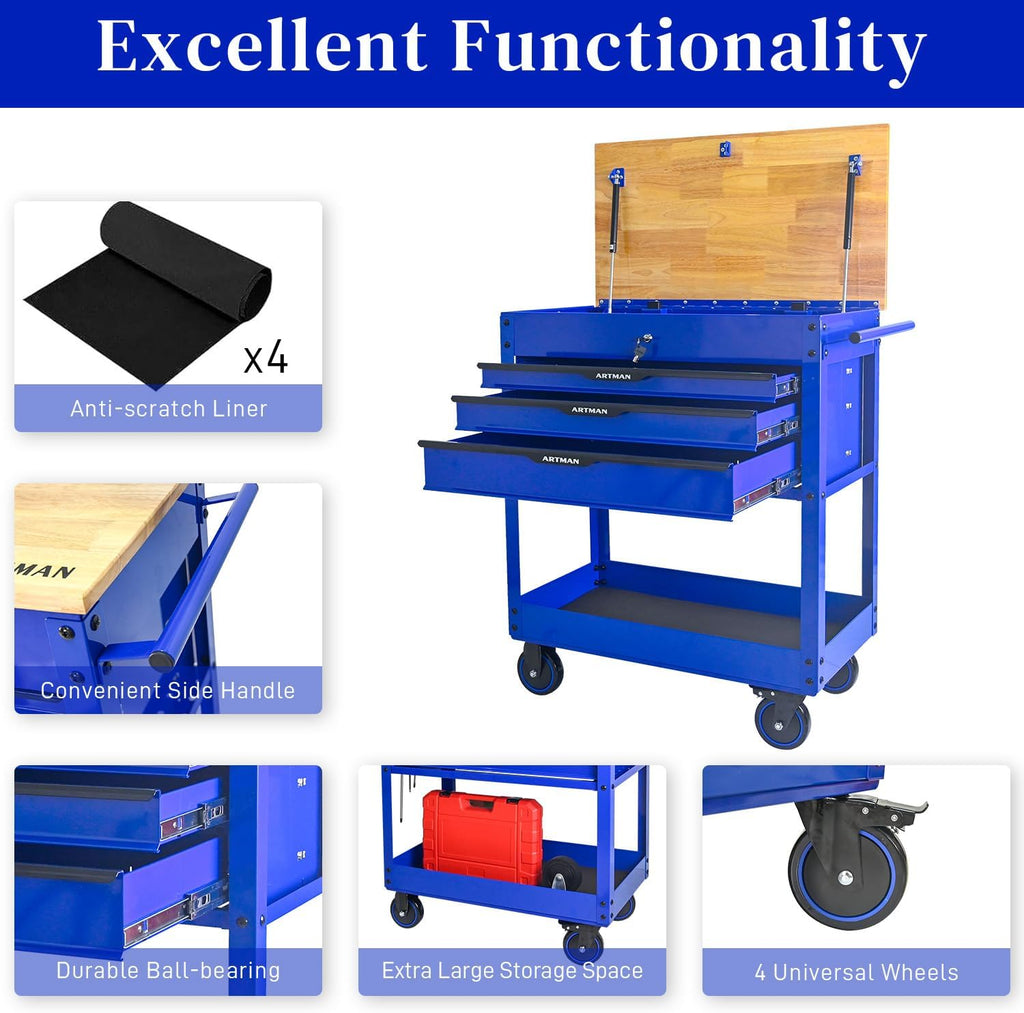 Rolling Cart With 3-Drawer Utility Box, Wheels, Wood Top - Mechanic Storage Organizer Cabinet for Garage, Warehouse, Workshop, Repair Shop - Blue