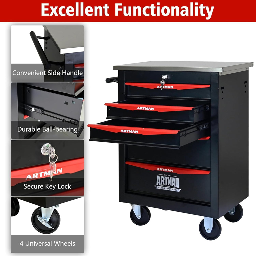 5 Drawers Tool Cart on Wheels, Stainless Steel Countertop Multifunctional Rolling Tool Storage Chest, Drawer Rolling Trolley Organizer Tool Box for Garage,Workshop(5 Drawers-Black)