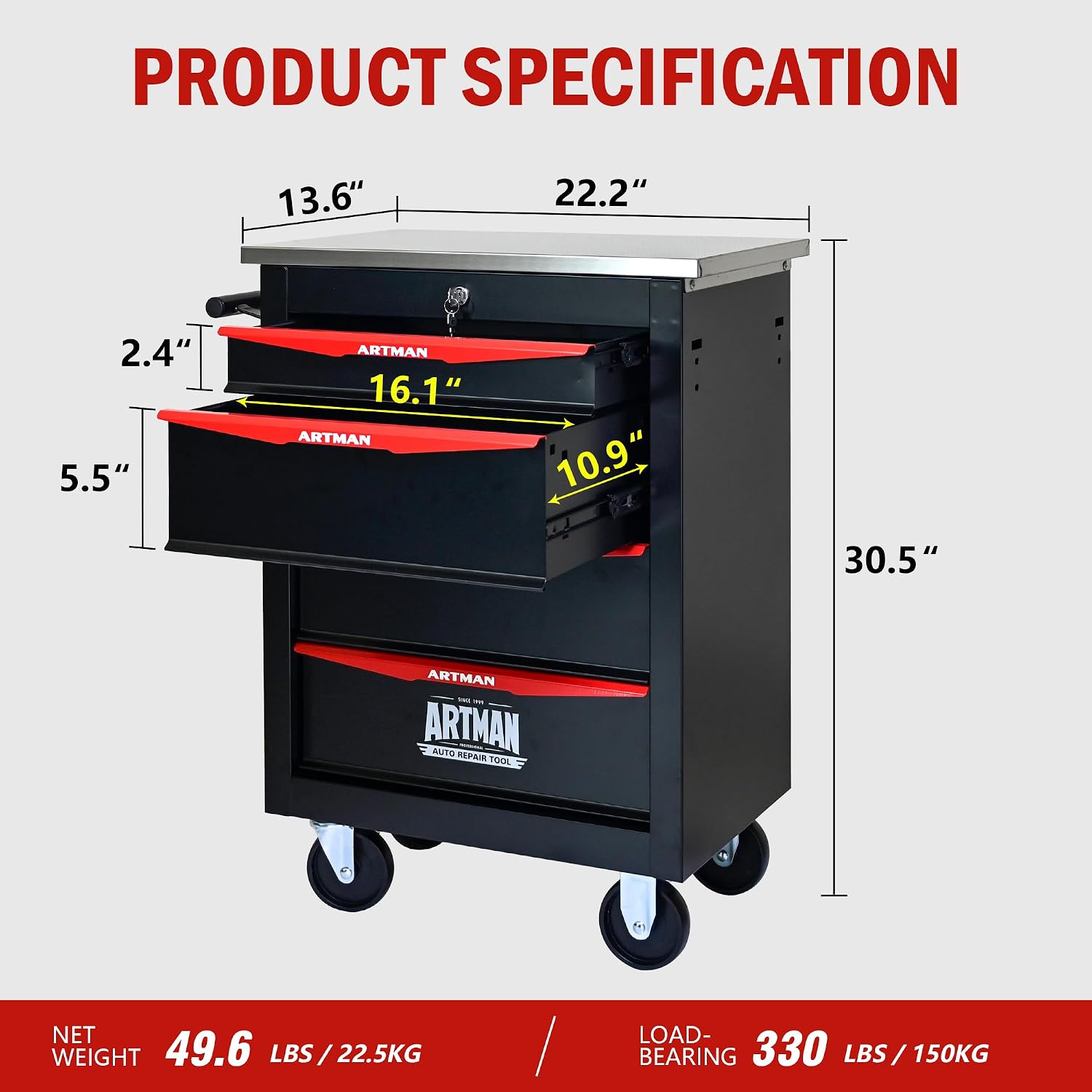 4 Drawers Tool Cart on Wheels with Stainless Steel Worktop, Heavy Duty Mobile Rolling Drawer Tool Chest with Locking Wheels & Lockable Drawers, Garage Tool Storage Cabinet (Black, 4 Drawers)