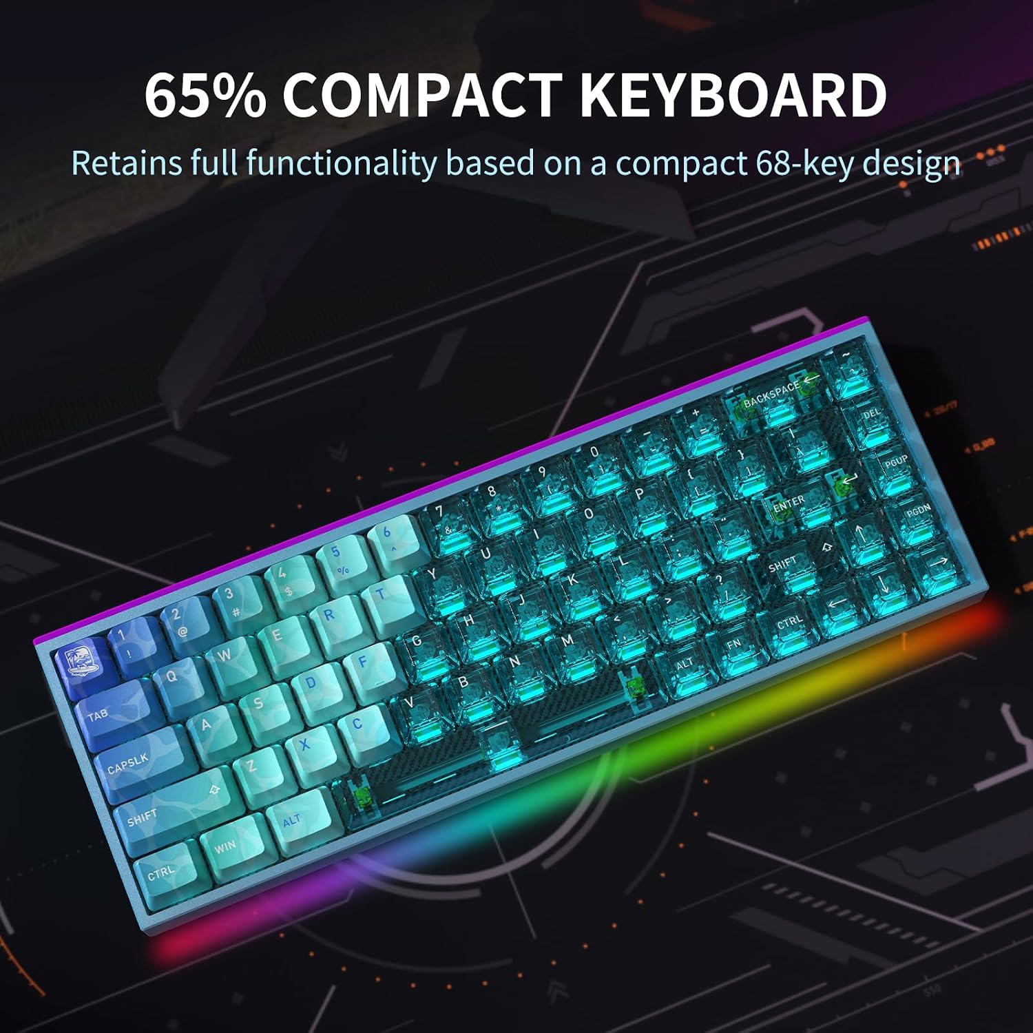 Hexgears MAG68-65% Mechanical Gaming Keyboard Wired, Magnetic Switch Hot-Swappable, Adjustable Rapid Trigger Mode, 8000Hz Polling Rate, All-Aluminum Case, 16.8M RGB Backlit&Strip - Waves