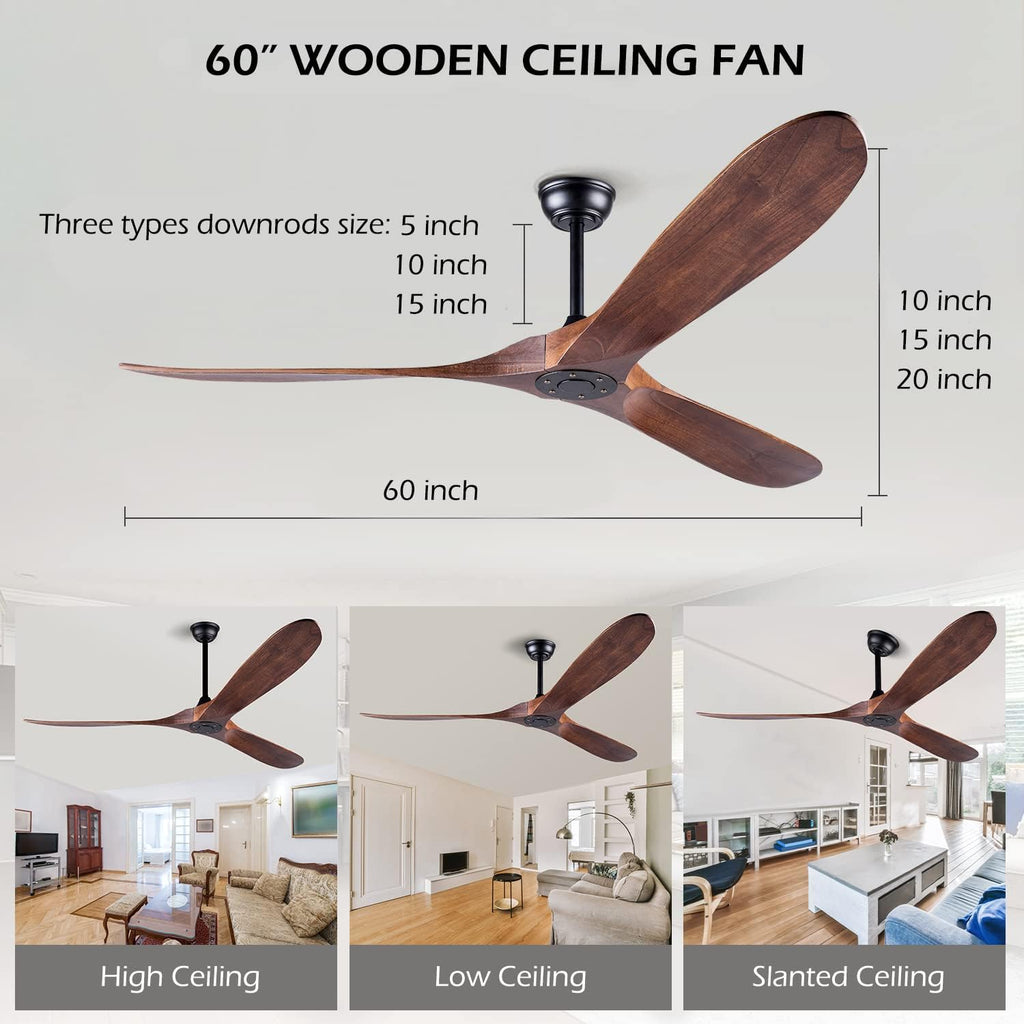 60 Inch Ceiling Fan Without Light ，Wood Indoor Outdoor Ceiling Fans No Light for Patios Living Room Bedroom Porch Big Ceiling Fan for Flat Sloped Ceiling(Walnut)
