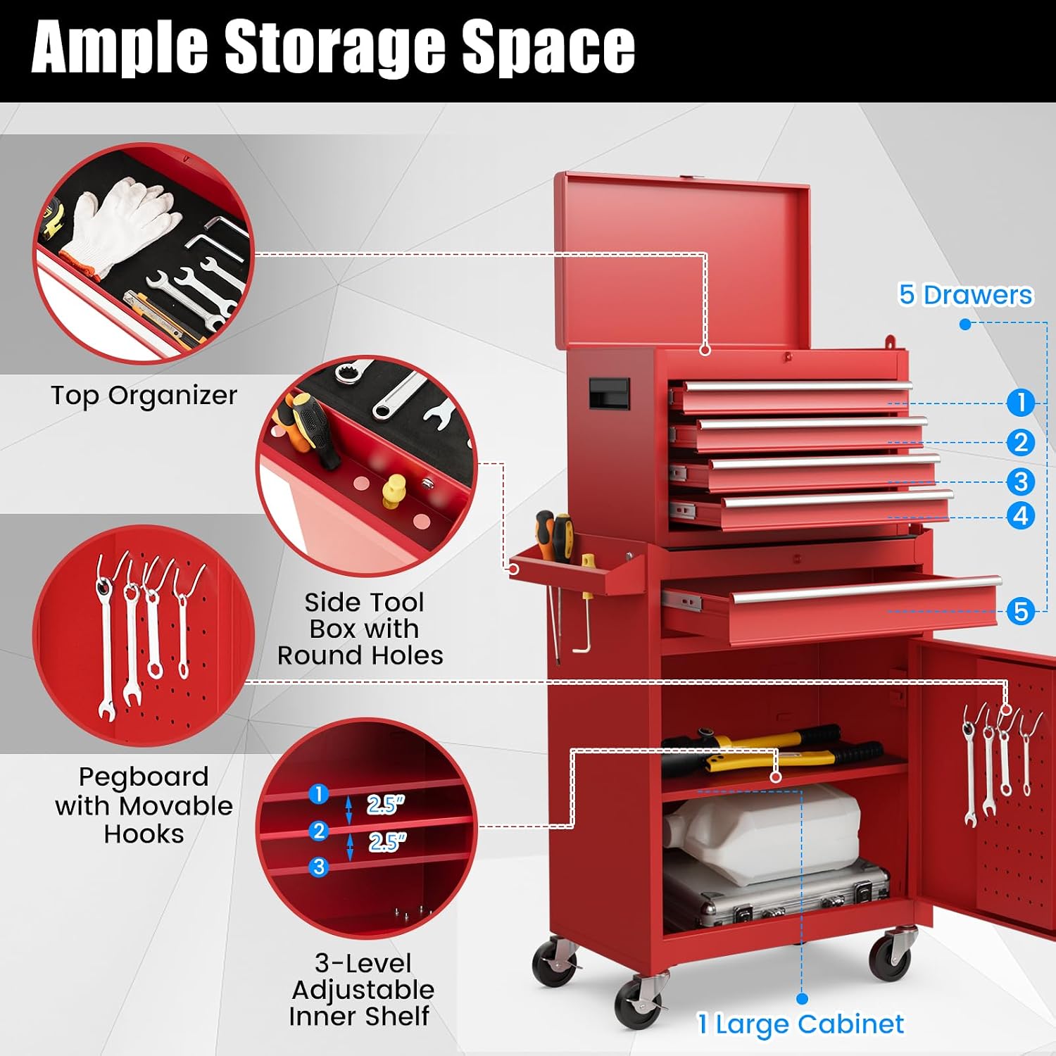 DORTALA Rolling Tool Chest Cabinet, Tool Box Organizer with 5 Sliding Drawers, Locking System, Toolbox Storage Cabinet on Wheels for Garage Workshop, Red