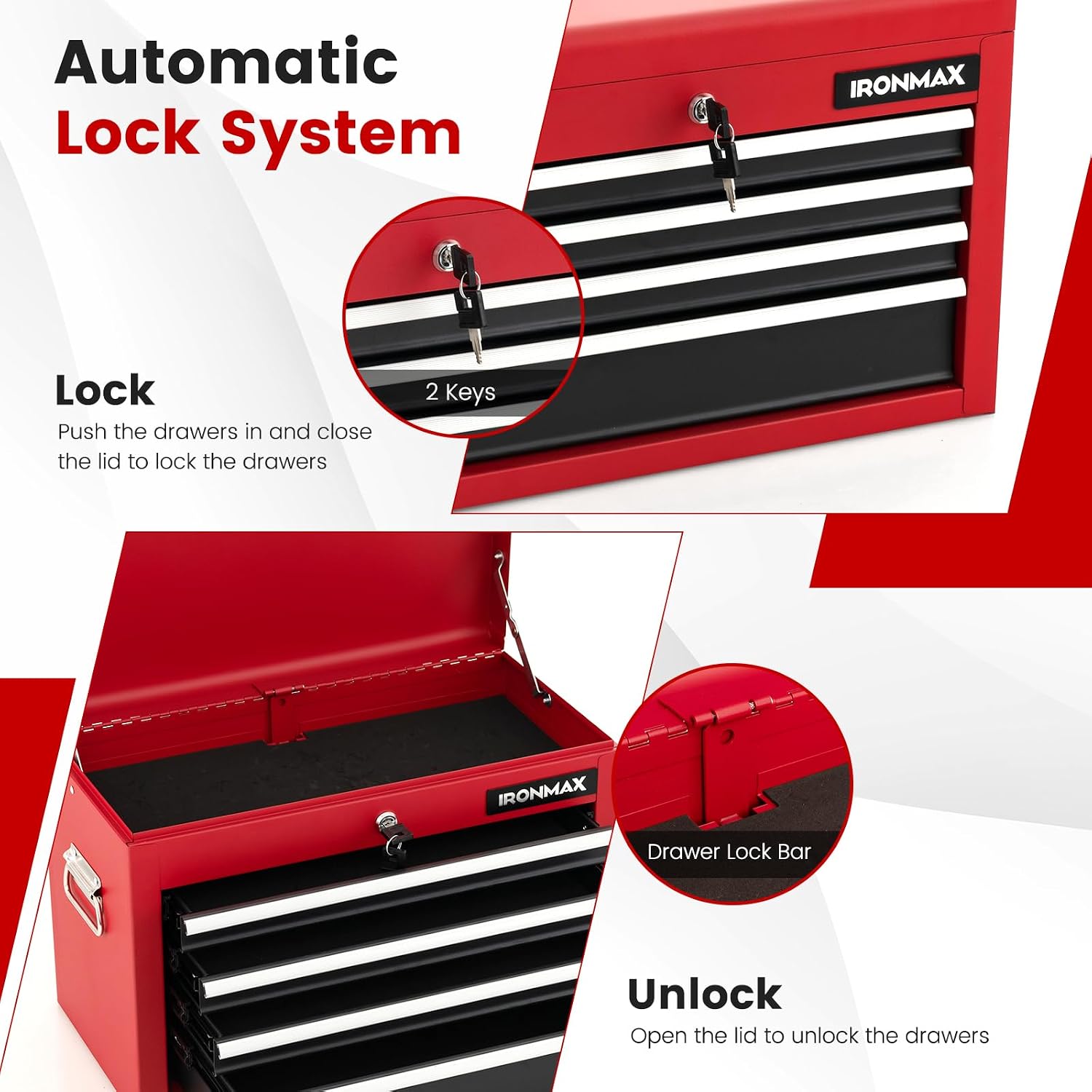 IRONMAX Tool Cabinet on Wheels, 6-Drawer Lockable Rolling Tool Chest w/ 4 Universal Wheels, 2 in 1 Detachable Tool Box Storage Organizer for Garage Workshop Repair Shop, Black & Red
