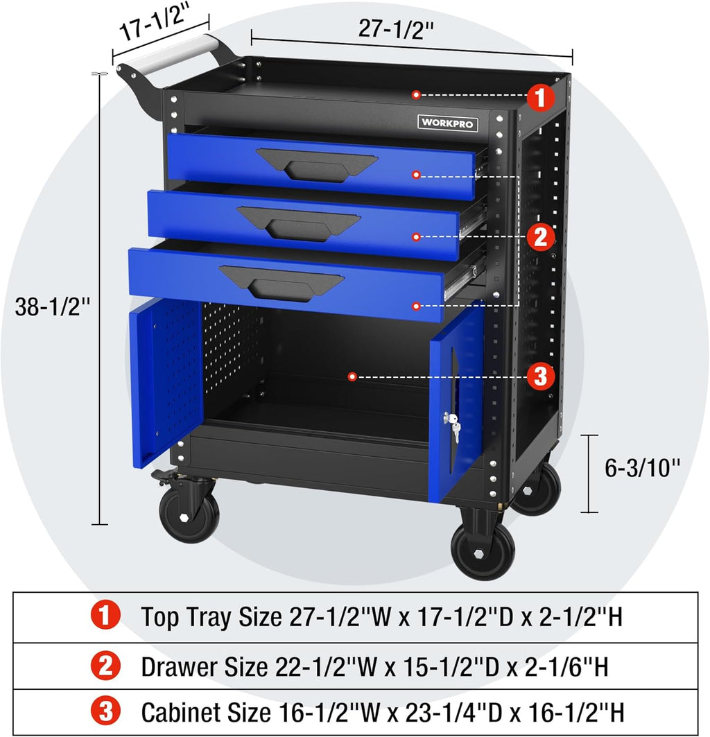 WORKPRO 27.5 Inch 3-Drawer Rolling Tool Chest with Wheels, Portable Steel Tool Cabinets with Drawers, Liners and Locking System for Warehouse, Garage, Black and Blue