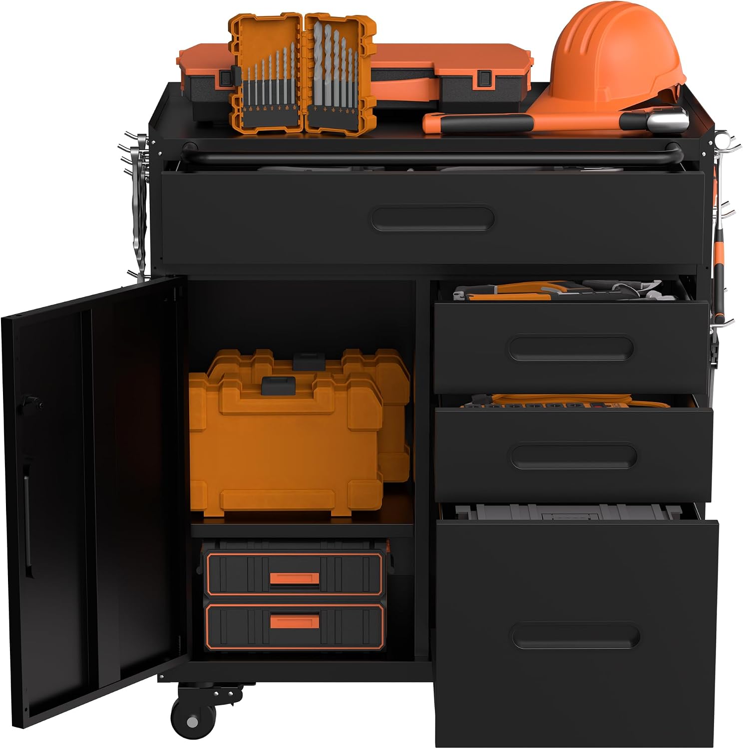 RYH 29.5' W Rolling Tool Cabinet with Metal Garage Storage Cabinet on Wheels, Locking Rolling Tool Chest for Workshop, Heavy Duty Tool Cart with Drawers (Black+, 4 Drawers 1Door34.4 H ×29.5' W)