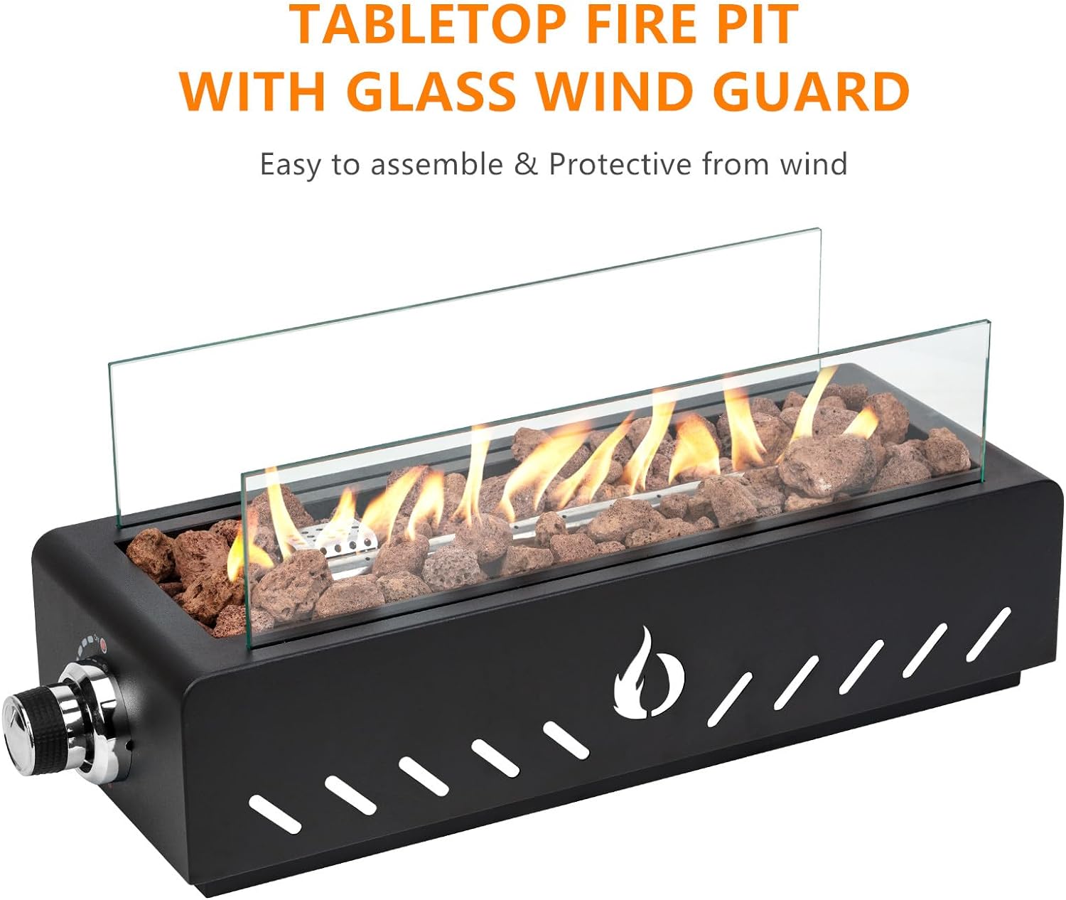 18' Tabletop Propane Gas Fire Pit Bottom-mounted for Table with Umbrella Hole, Portable Smokeless Firepit with Glass Wind Guard for Patio Backyard Camping RV Tailgating, #FP027