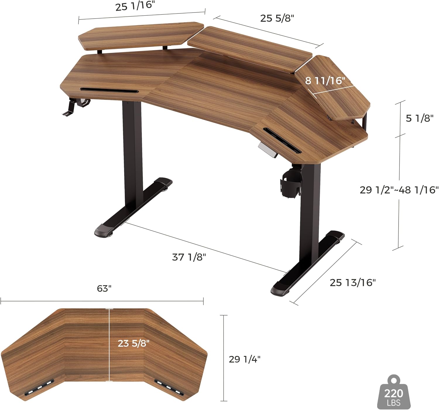 EUREKA ERGONOMIC Standing Gaming Desk with Dual Motor,63' Wing Shaped Computer Desk w Mouse Pad, Electric Adjustable Height Table w LED Monitor Stands,Slot Design,Walnut