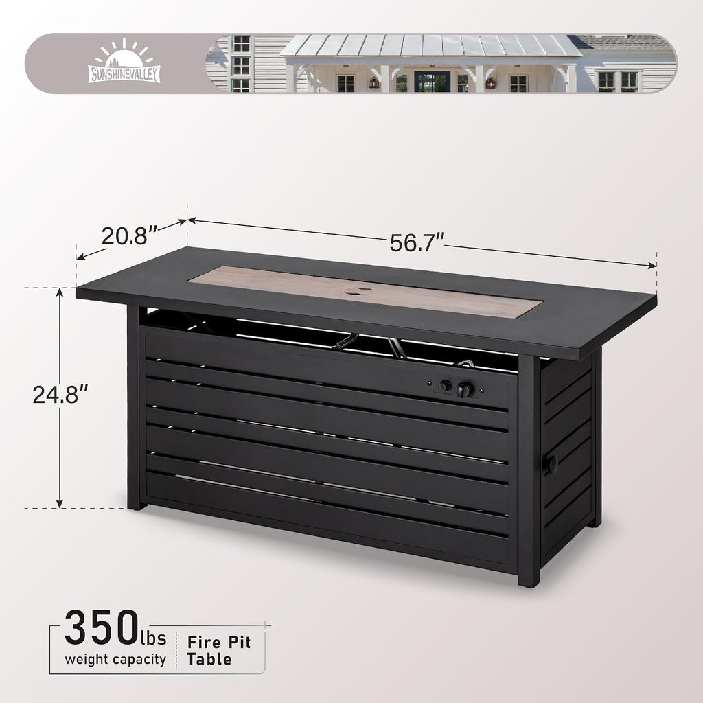 SUNSHINE VALLEY Propane Gas Fire Pit Table 57' 0utdoor Firepit Table Rectangular Wood-Like Tabletop with Glass Rock, Black Outdoor Fire Pit for Patio Outdoor Outside Garden Backyard Deck