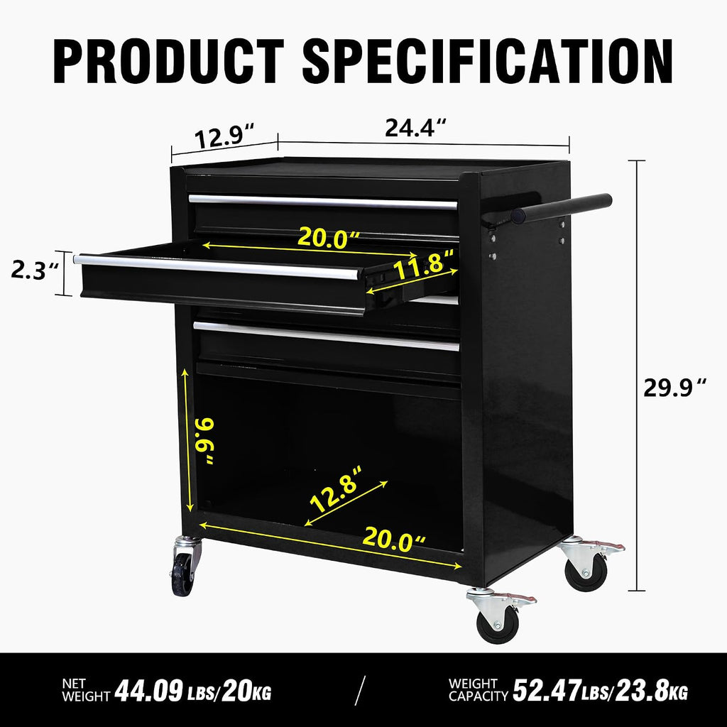 4 Drawers Tool Cart on Wheels, 4 Drawer Rolling Tool Chest, Trolley Organizer Tool Box Tool Case with 1 Cabinet, Multifunctional Tools Case for Garage,Warehouse,Workshop,Repair Shop (Black)