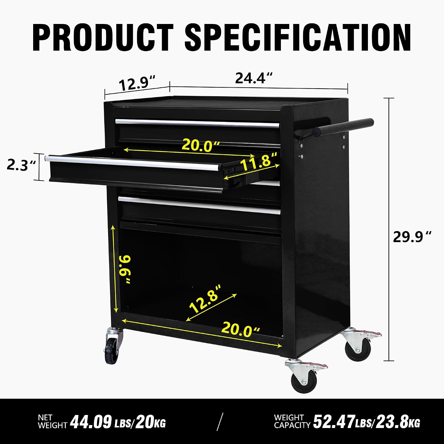 4 Drawers Tool Cart on Wheels, 4 Drawer Rolling Tool Chest, Trolley Organizer Tool Box Tool Case with 1 Cabinet, Multifunctional Tools Case for Garage,Warehouse,Workshop,Repair Shop (Black)