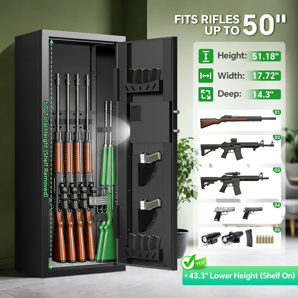 10-15 Gun Rifle Safe for Home Security, Gun Safe for Rifles and Pistols - Quick Access Digital Keypad | Easy Assembly Gun Safe with Adjustable Shelves (Fits Shotguns & Ammo)