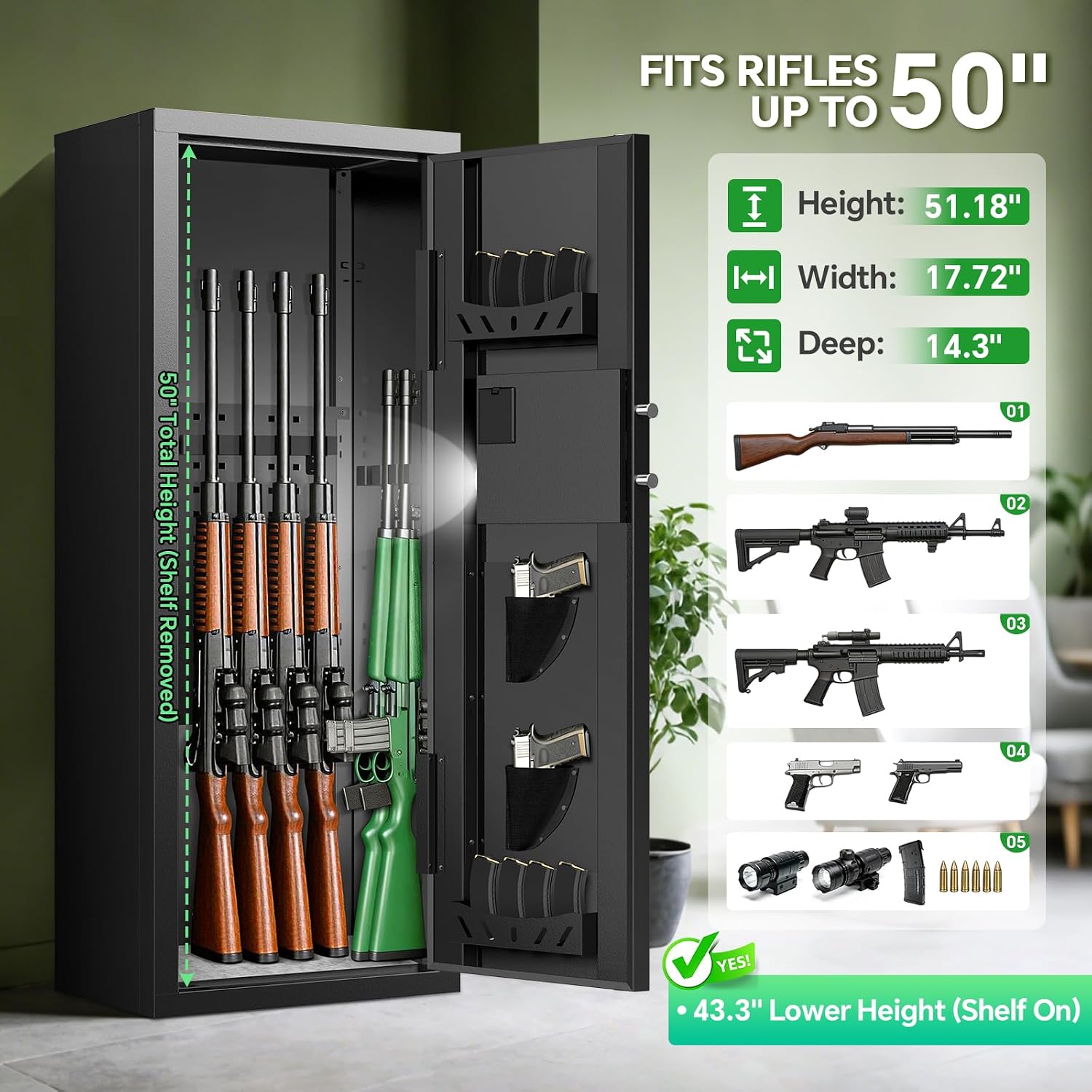 10-15 Gun Rifle Safe for Home Security, Gun Safe for Rifles and Pistols - Quick Access Digital Keypad | Easy Assembly Gun Safe with Adjustable Shelves (Fits Shotguns & Ammo)