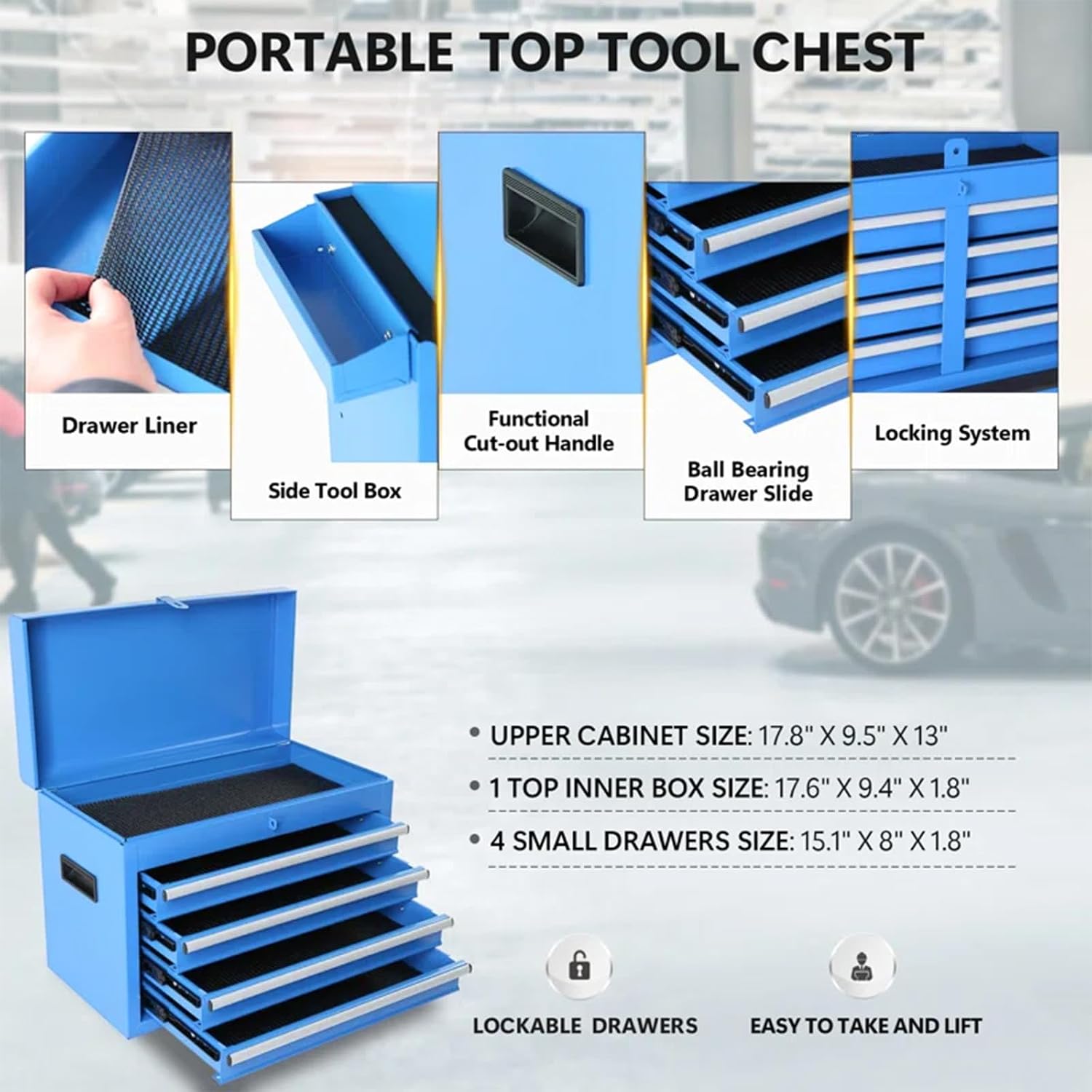 Dawmilon 5-Drawer Rolling Tool Chest, Detachable Top Tool Box, Lockable Metal Tool Cabinet with Wheels, Adjustable Shelf and Liner for Garage Workshop Storage, Blue