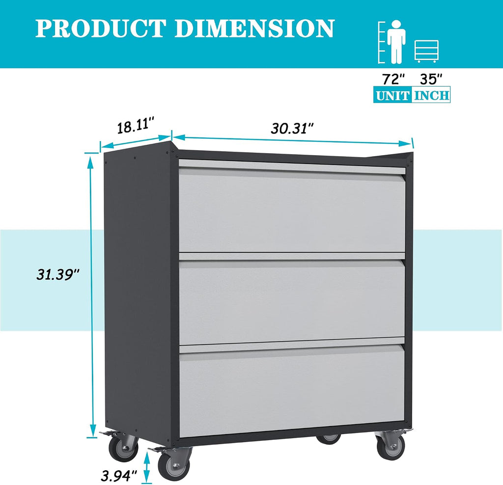 3 Drawer Rolling Garage Storage Cabinet, Small Metal Tool Cabinet with Drawer, Tool Chest & Cabinet for Workshop, Garden, Home, Office, Assembly Required, Black/Gray