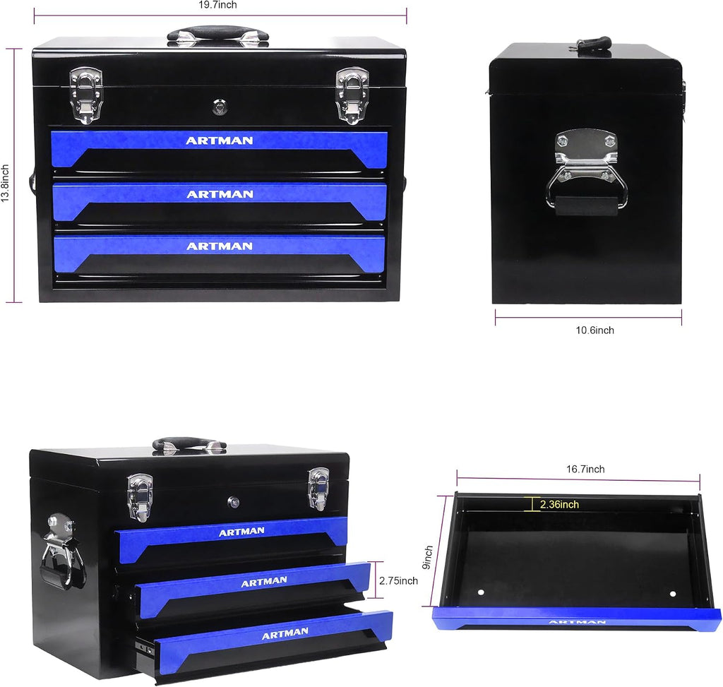 Mini Tool Box, Key Locking System with Tool Set, Portable Steel Tool Box with Drawers, Small Toolbox for Organizing Tools in Garage, Home, Warehouse