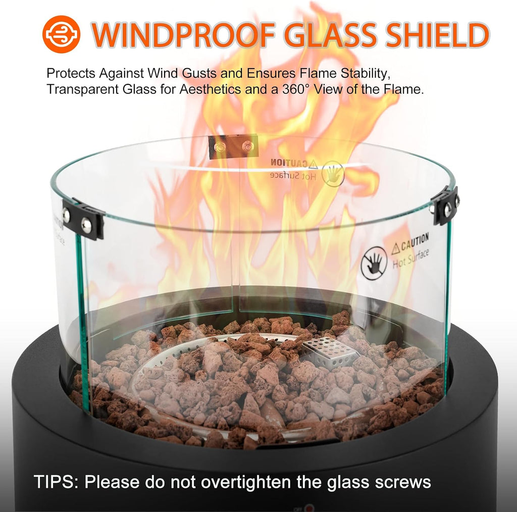 15.7' Portable Propane Gas Fire Pit Side-Mounted, Modern Tabletop Fireplace Smokeless Firepit with Glass Wind Guard for Patio Camping RV Tailgating, 23000BTU, Round FP038