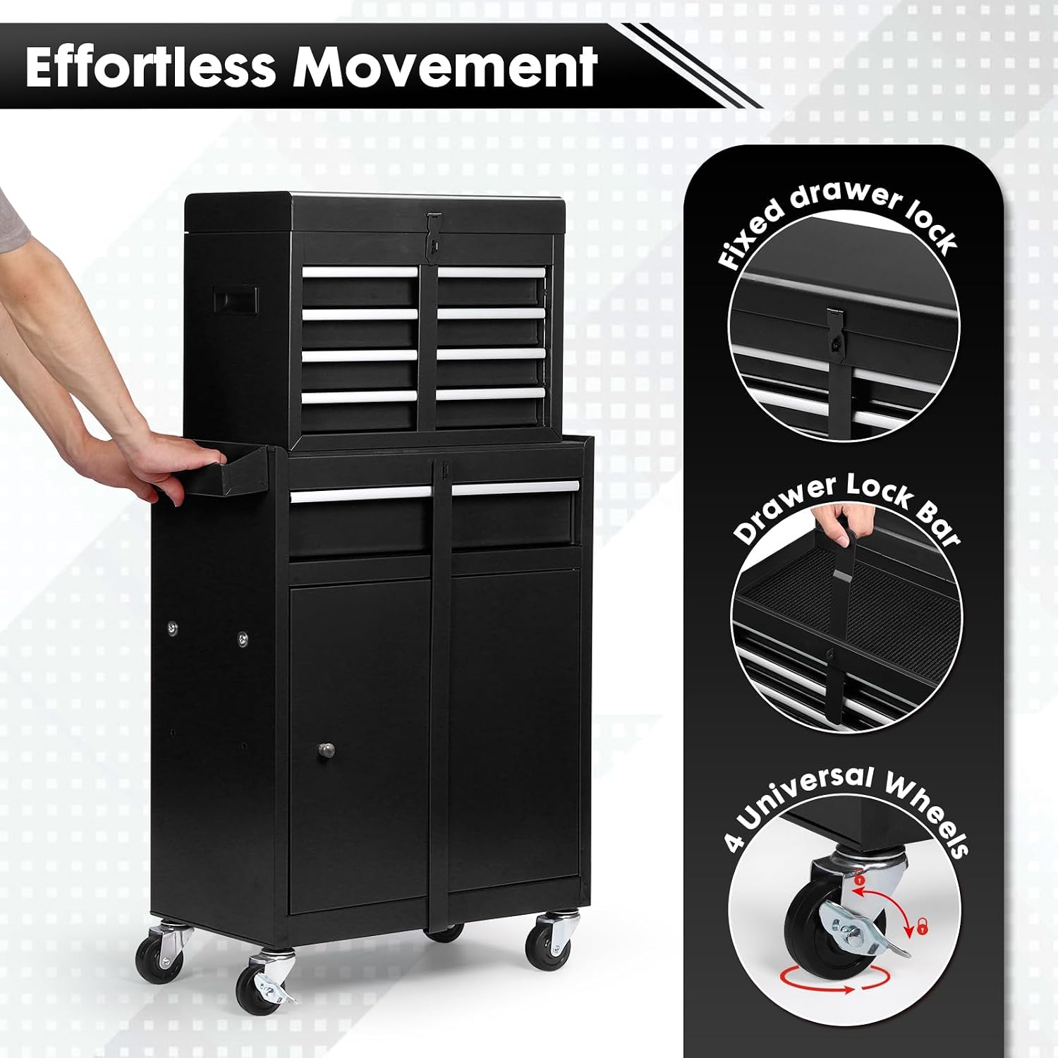 5-Drawer Rolling Tool Chest – 2-in-1 Lockable Tool Box with Wheels, Sliding Drawers & Detachable Top – Garage & Workshop Storage Cabinet, Black
