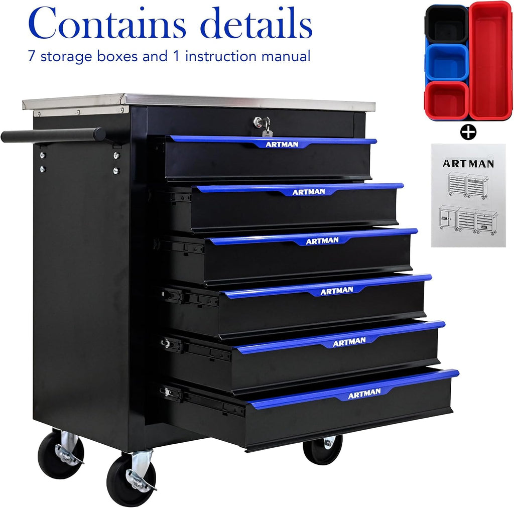 6 Drawers Rolling Tool Chest Cart PLUS ,Tool Storage Cabinet With 4 Wheels.Tool Cabinet Trolley With Locking System and Stainless Steel Countertops.Tool Storage Cart for Garage,Workshop,Warehouse