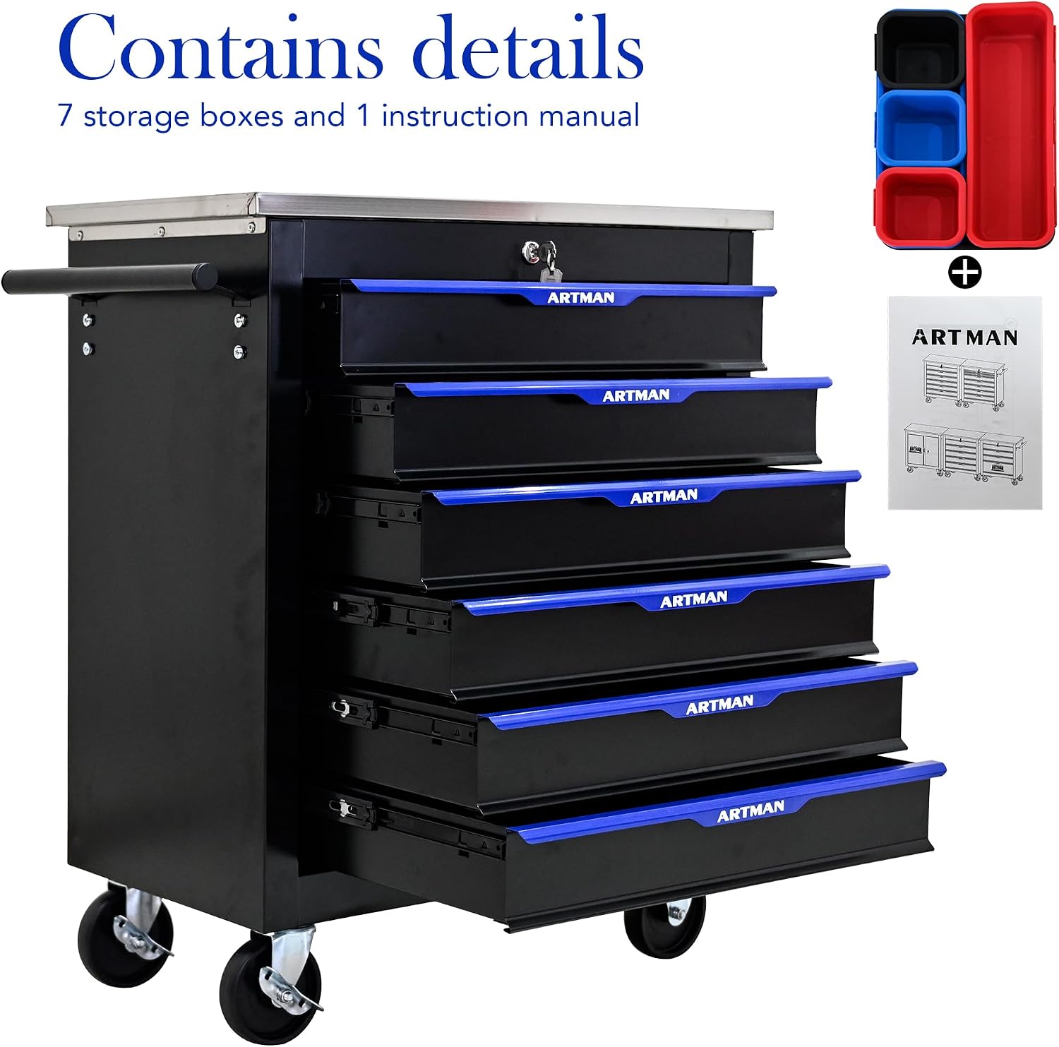 6 Drawers Rolling Tool Chest Cart PLUS ,Tool Storage Cabinet With 4 Wheels.Tool Cabinet Trolley With Locking System and Stainless Steel Countertops.Tool Storage Cart for Garage,Workshop,Warehouse