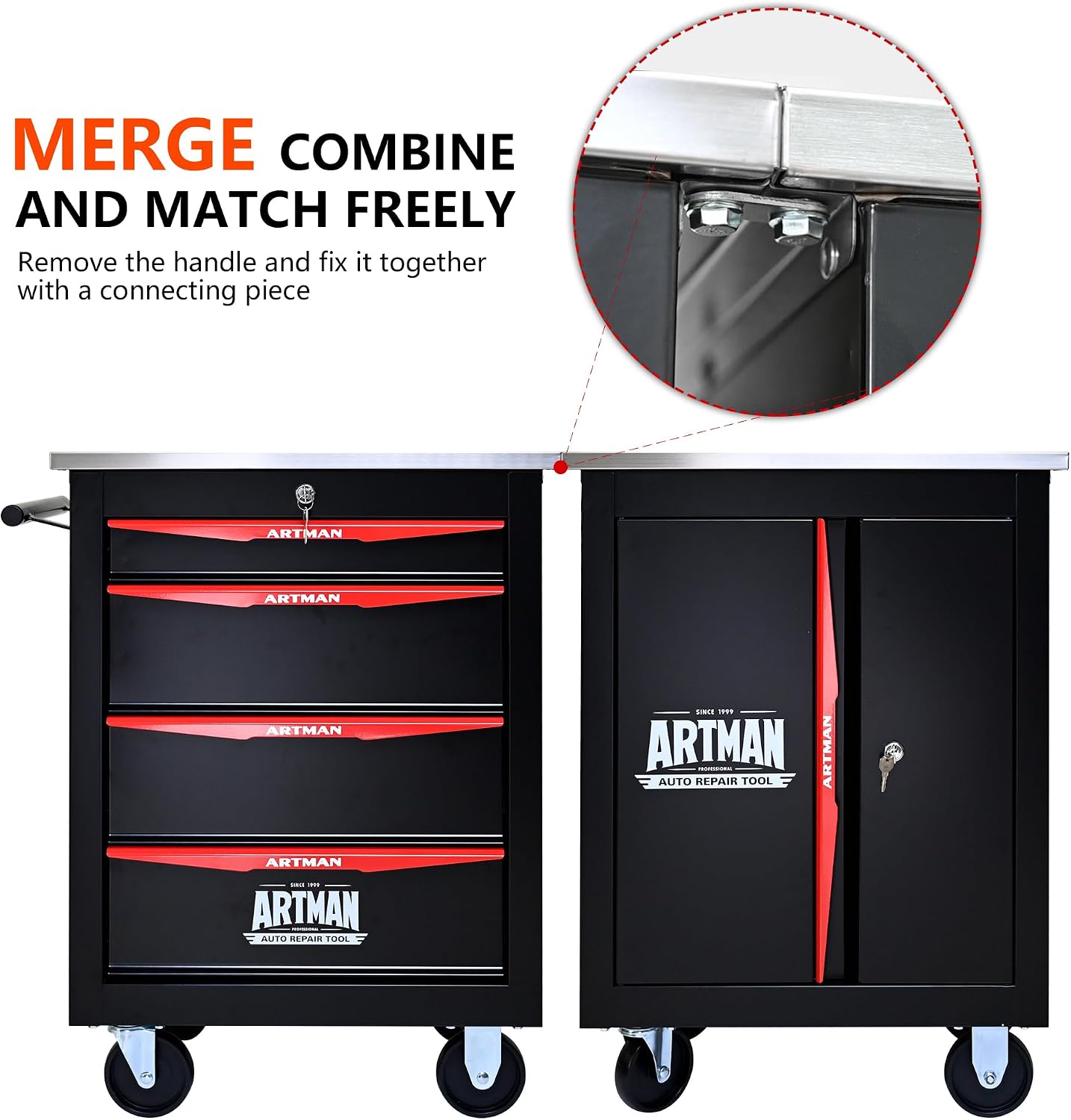 4 Drawers Tool Cart on Wheels with Stainless Steel Worktop, Heavy Duty Mobile Rolling Drawer Tool Chest with Locking Wheels & Lockable Drawers, Garage Tool Storage Cabinet (Black, 4 Drawers)
