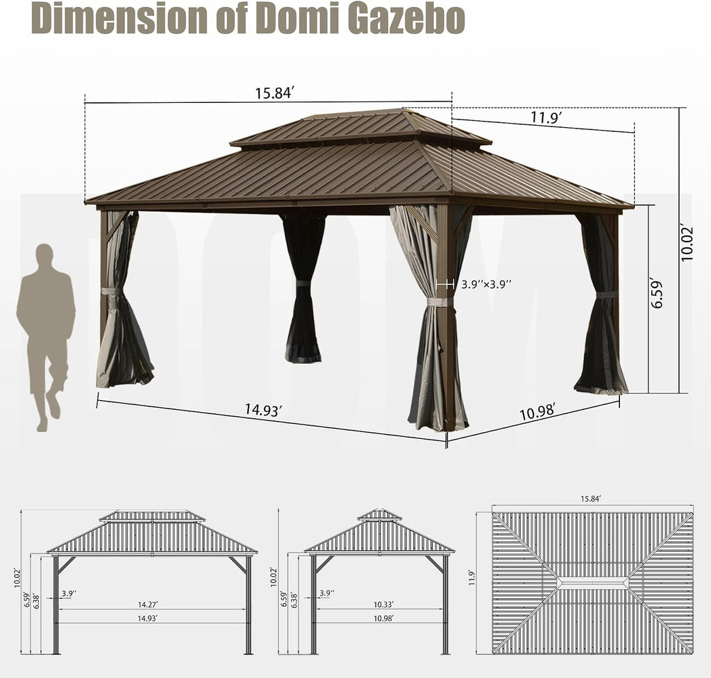 Domi 12x16FT Outdoor Gazebo, Patio Gazebo with Galvanized Steel, Hardtop Gazbo for Patio, Deck, Backyard, Curtain and Netting Included